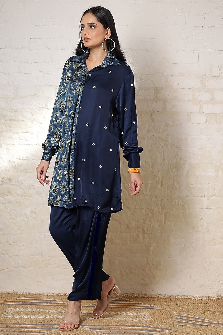 Blue Silk Printed & Hand Embroidered Co-Ord Set by Sheeshakari at Pernia's Pop Up Shop