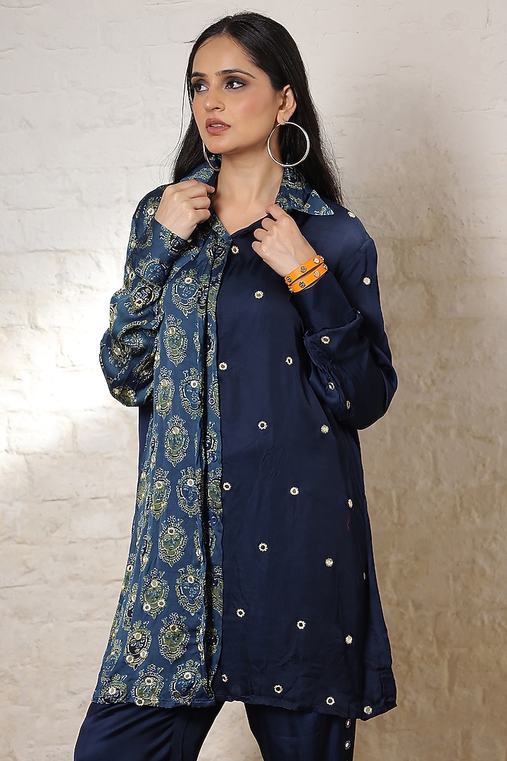Blue Silk Printed & Hand Embroidered Co-Ord Set by Sheeshakari at Pernia's Pop Up Shop
