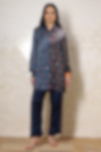 Blue Silk Printed & Hand Embroidered Co-Ord Set by Sheeshakari at Pernia's Pop Up Shop