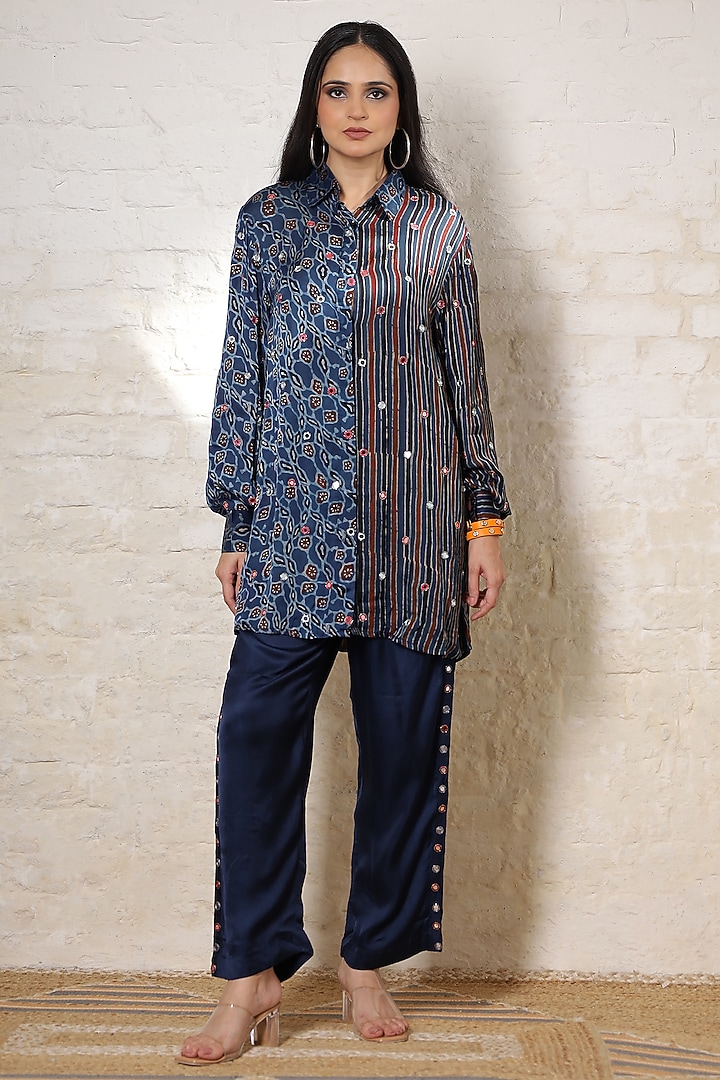 Blue Silk Printed & Hand Embroidered Co-Ord Set by Sheeshakari at Pernia's Pop Up Shop