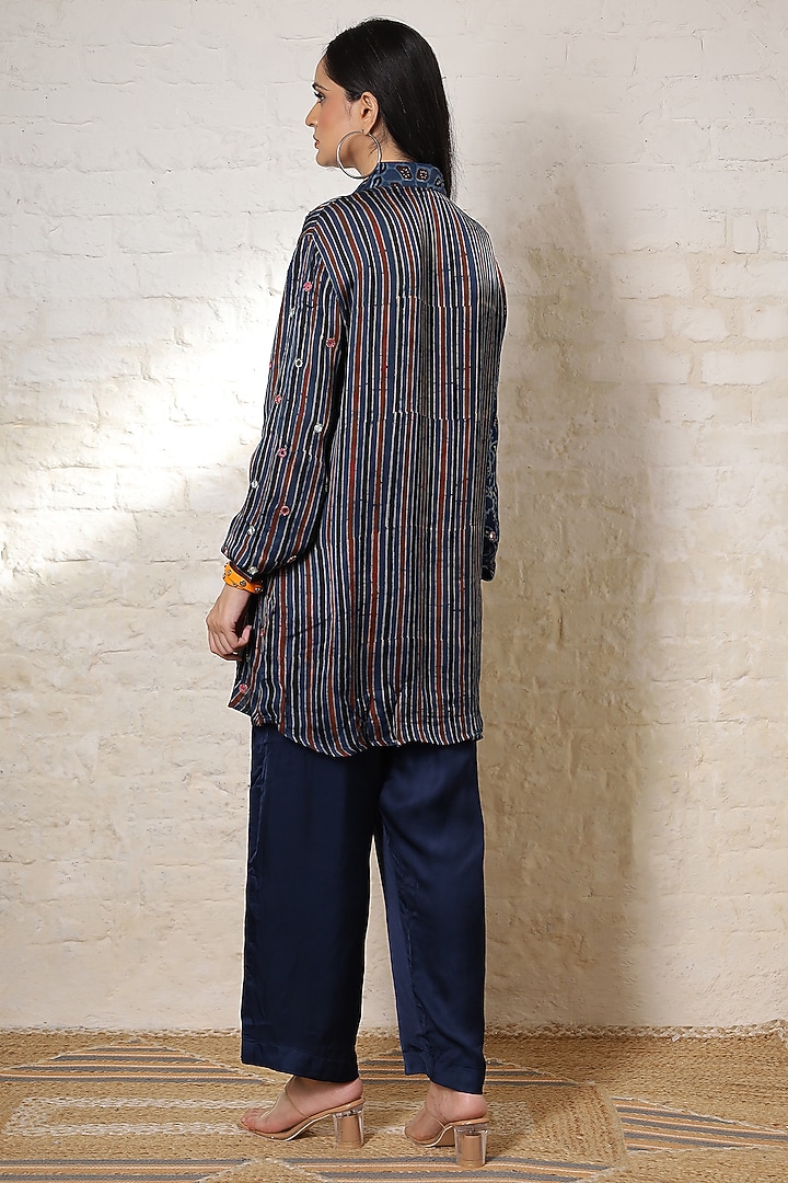 Blue Silk Printed & Hand Embroidered Co-Ord Set by Sheeshakari at Pernia's Pop Up Shop