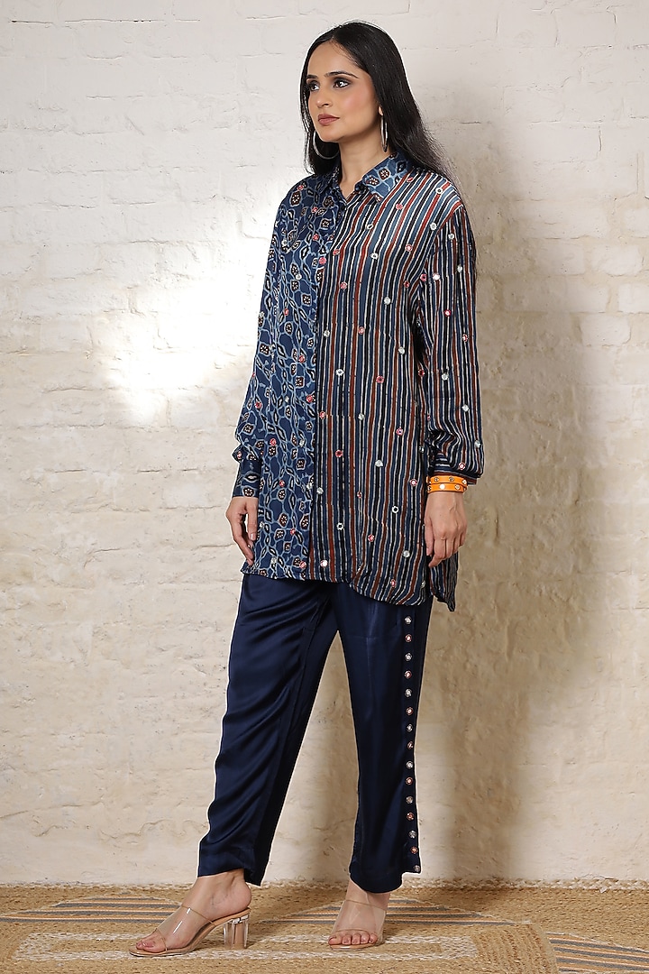 Blue Silk Printed & Hand Embroidered Co-Ord Set by Sheeshakari at Pernia's Pop Up Shop