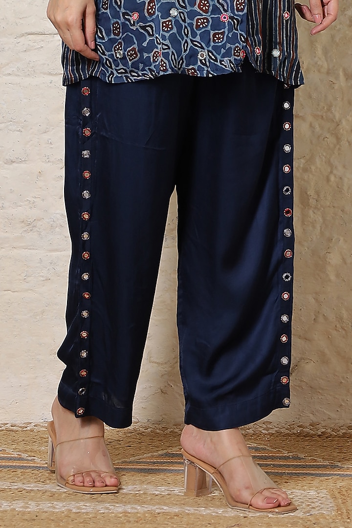 Blue Silk Printed & Hand Embroidered Co-Ord Set by Sheeshakari at Pernia's Pop Up Shop