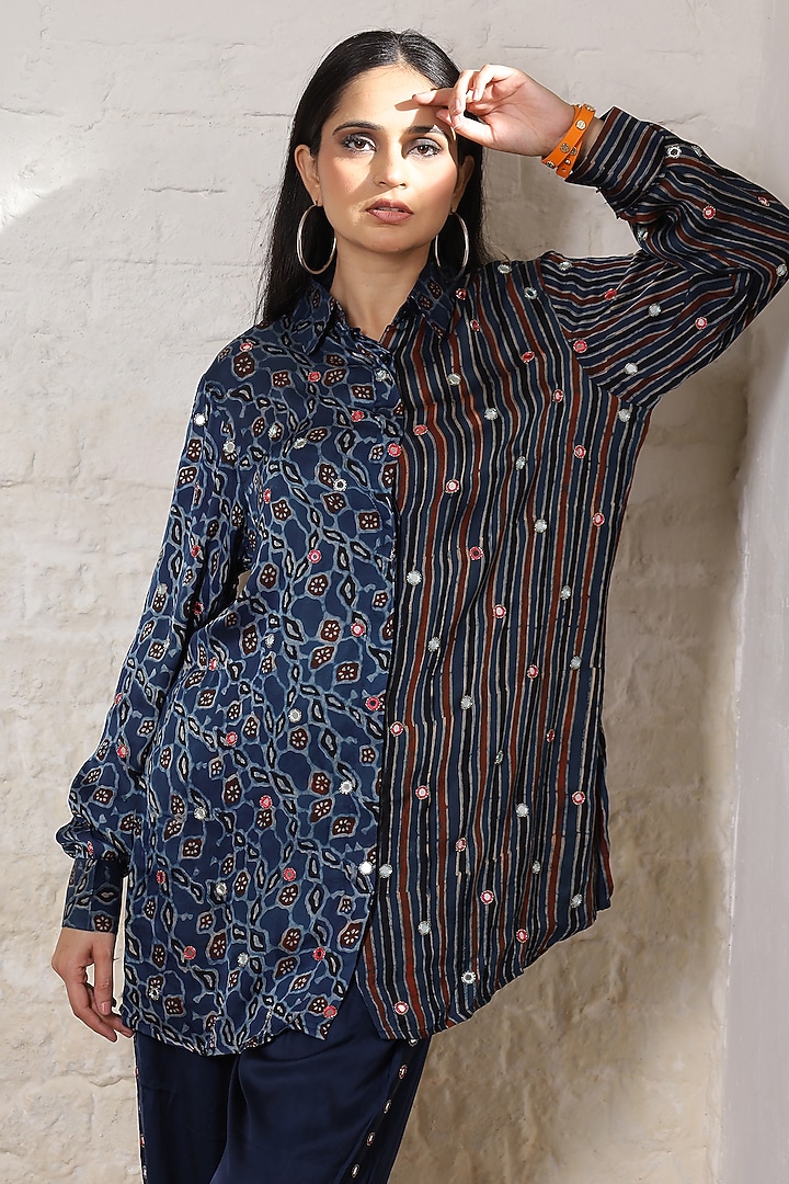 Blue Silk Printed & Hand Embroidered Co-Ord Set by Sheeshakari at Pernia's Pop Up Shop