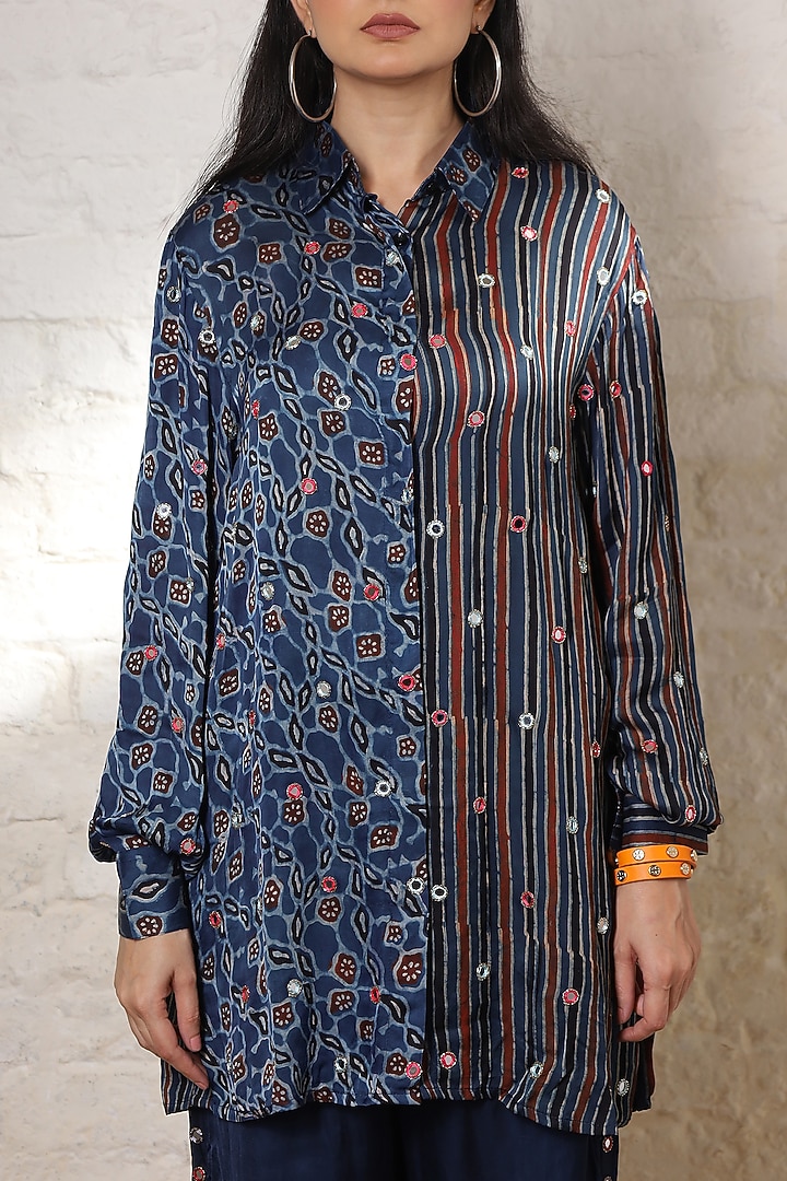 Blue Silk Printed & Hand Embroidered Co-Ord Set by Sheeshakari at Pernia's Pop Up Shop