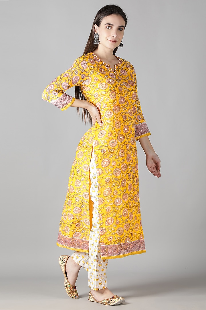 Yellow Silk Resham & Aari Handwork Kurta Set by Sheeshakari at Pernia's Pop Up Shop
