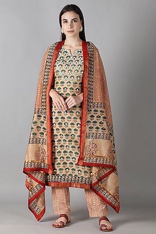 Beige Silk Resham & Aari Handwork Kurta Set by Sheeshakari