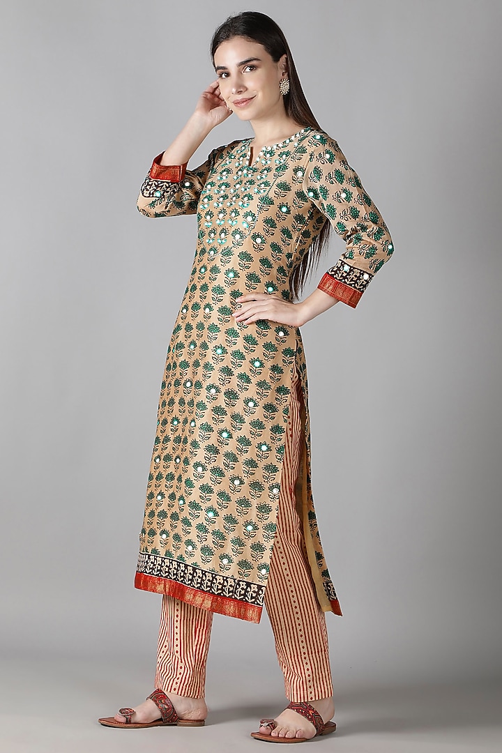 Beige Silk Resham & Aari Handwork Kurta Set by Sheeshakari at Pernia's Pop Up Shop