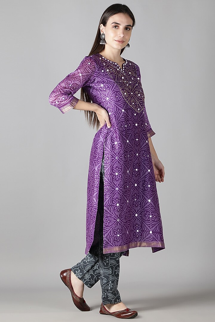 Purple Silk Gota Patti Handwork Kurta Set by Sheeshakari at Pernia's Pop Up Shop