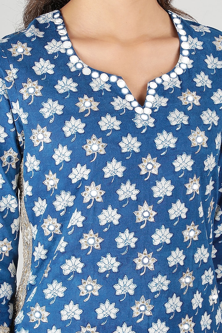 Blue Silk Floral Printed & Bead Work Kurta by Sheeshakari at Pernia's Pop Up Shop