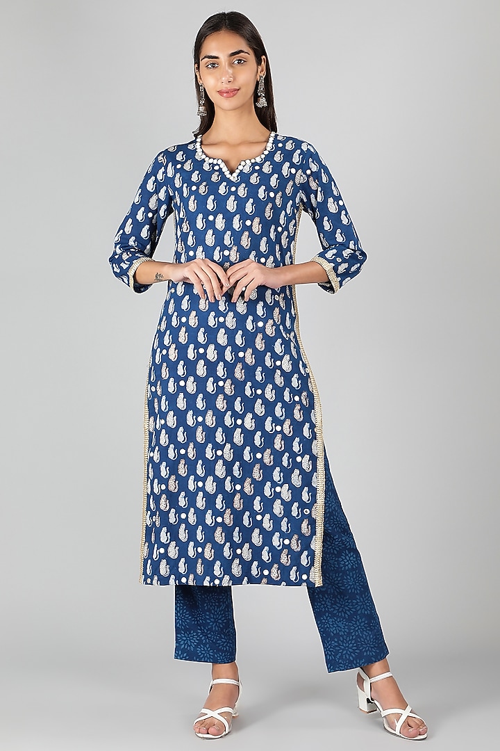 Blue Silk Floral Printed & Bead Work Kurta by Sheeshakari