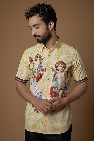 Yellow Butter Crepe Printed Shirt by SIDHARTH K KAKKAR