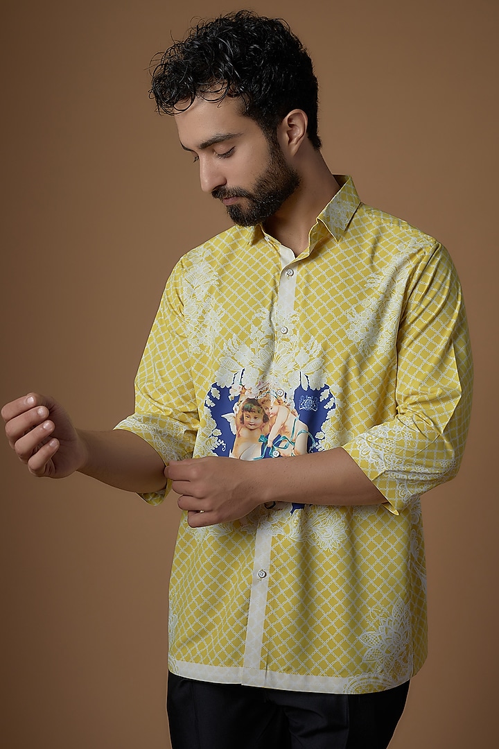 Yellow Soft Butter Crepe Printed Shirt by SIDHARTH K KAKKAR