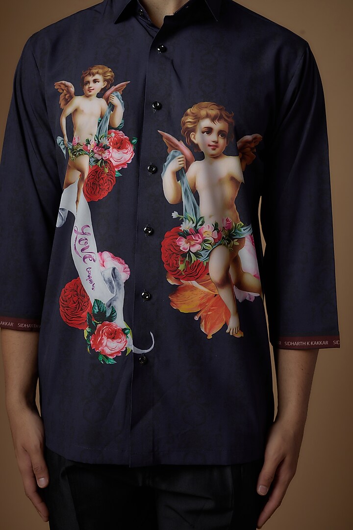Blue Soft Butter Crepe Printed Party Wear Shirt by SIDHARTH K KAKKAR at Pernia's Pop Up Shop