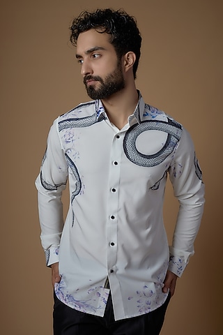 White Soft Butter Crepe Printed Shirt by SIDHARTH K KAKKAR