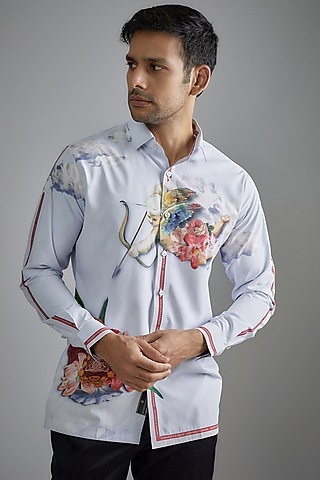Blue Soft Butter Crepe Printed Shirt by SIDHARTH K KAKKAR