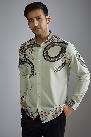 Pista Green Soft Butter Crepe Printed Shirt by SIDHARTH K KAKKAR