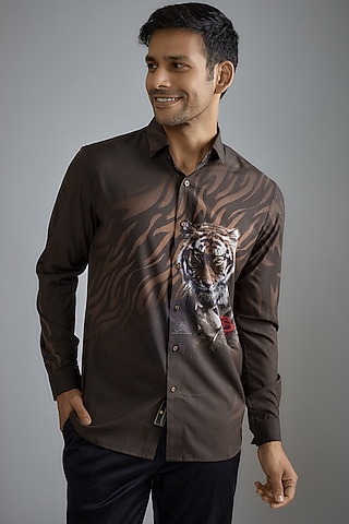 Brown Soft Butter Crepe Printed Shirt by SIDHARTH K KAKKAR