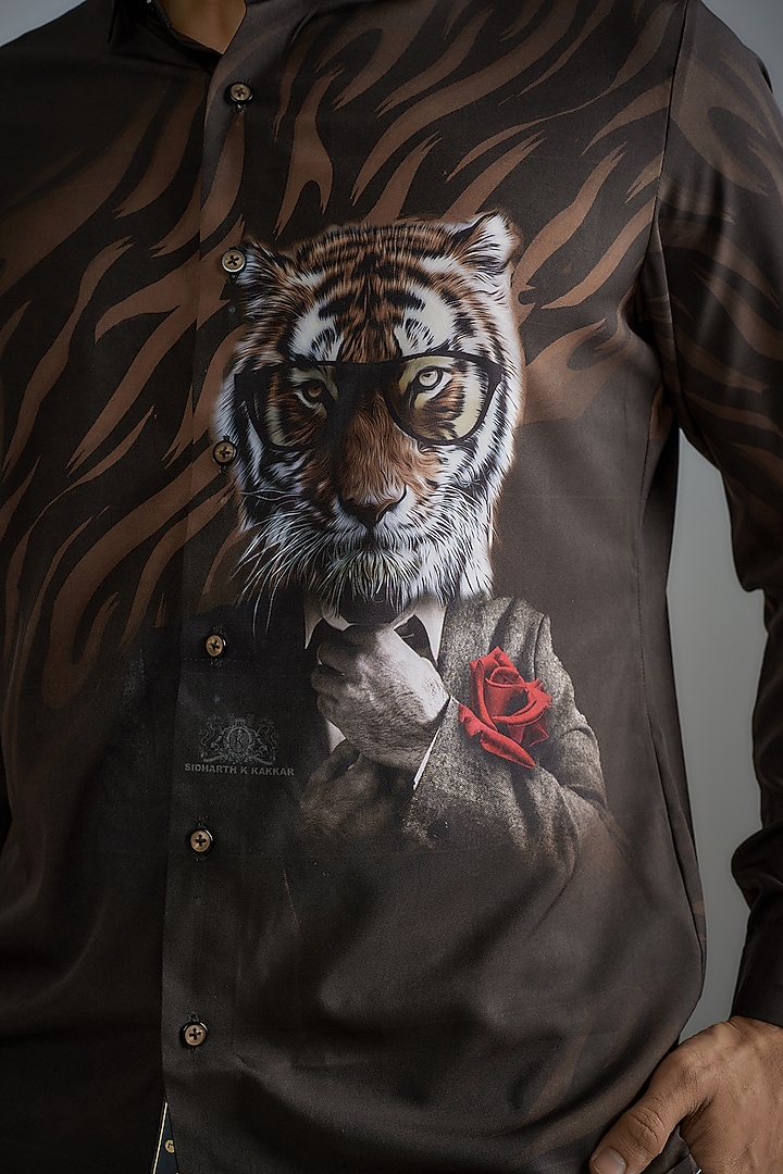 Brown Soft Butter Crepe Printed Party Wear Shirt by SIDHARTH K KAKKAR at Pernia's Pop Up Shop
