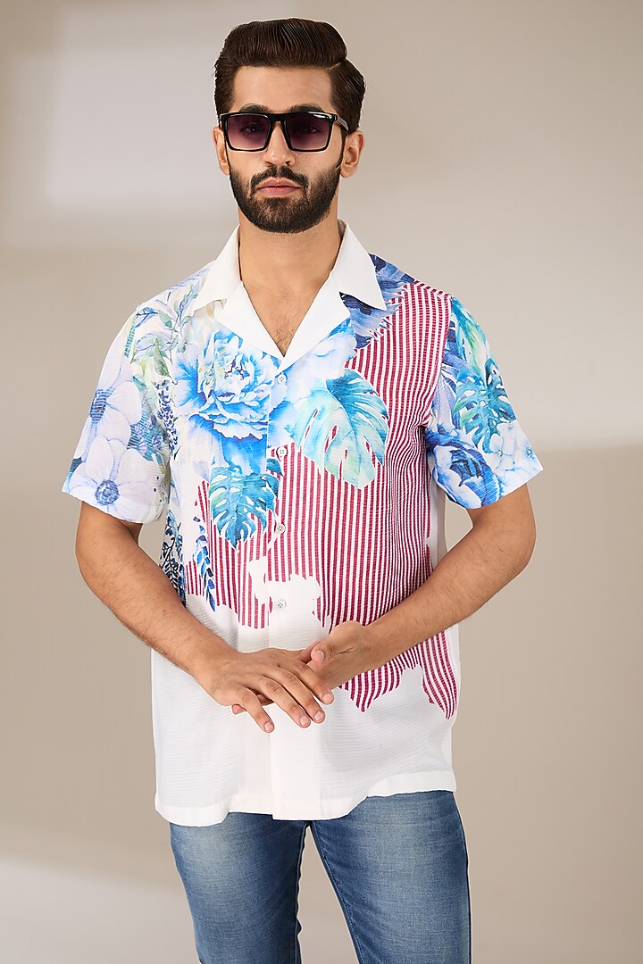 White Poly Satin Digital Printed Pleated Party Wear Shirt by SIDHARTH K KAKKAR at Pernia's Pop Up Shop