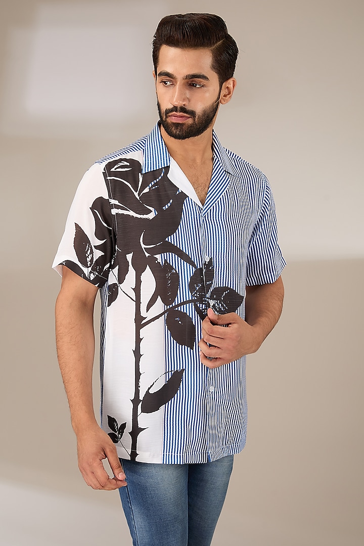 Blue Poly Satin Digital Printed Pleated Shirt by SIDHARTH K KAKKAR at Pernia's Pop Up Shop