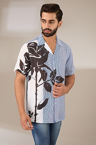 Blue Poly Satin Digital Printed Pleated Shirt by SIDHARTH K KAKKAR