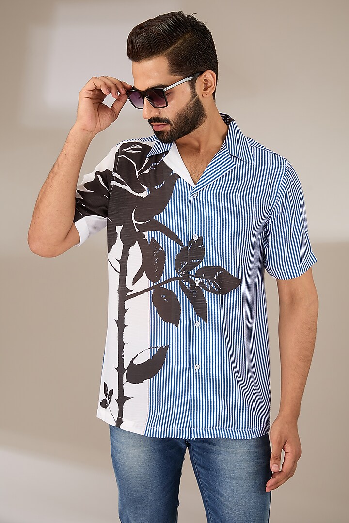 Blue Poly Satin Digital Printed Pleated Party Wear Shirt by SIDHARTH K KAKKAR at Pernia's Pop Up Shop