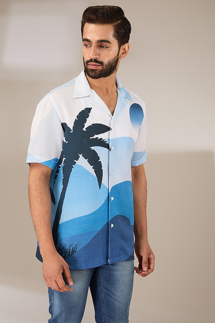 Blue Poly Satin Digital Printed Pleated Shirt by SIDHARTH K KAKKAR