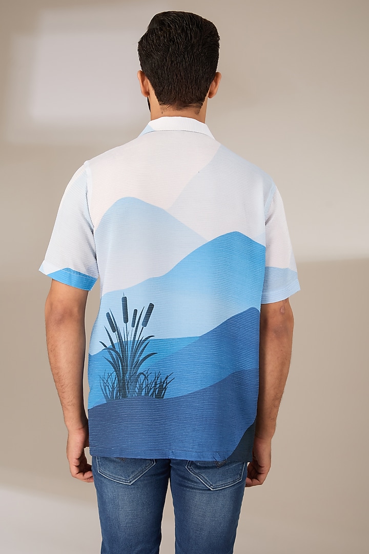 Blue Poly Satin Digital Printed Pleated Party Wear Shirt by SIDHARTH K KAKKAR at Pernia's Pop Up Shop