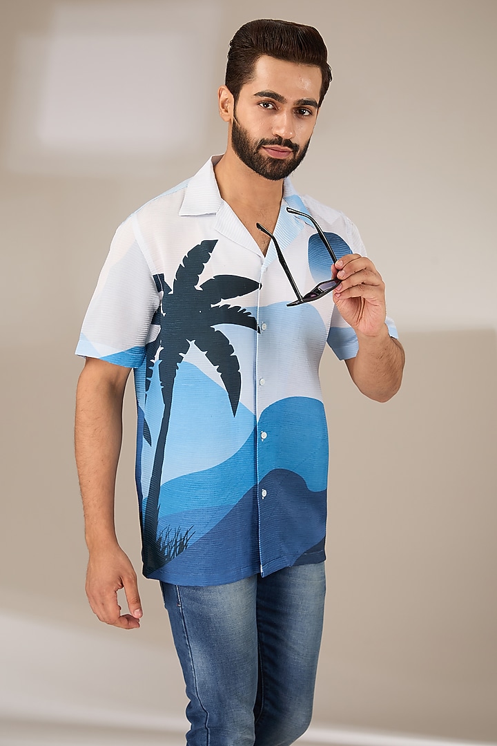Blue Poly Satin Digital Printed Pleated Party Wear Shirt by SIDHARTH K KAKKAR at Pernia's Pop Up Shop