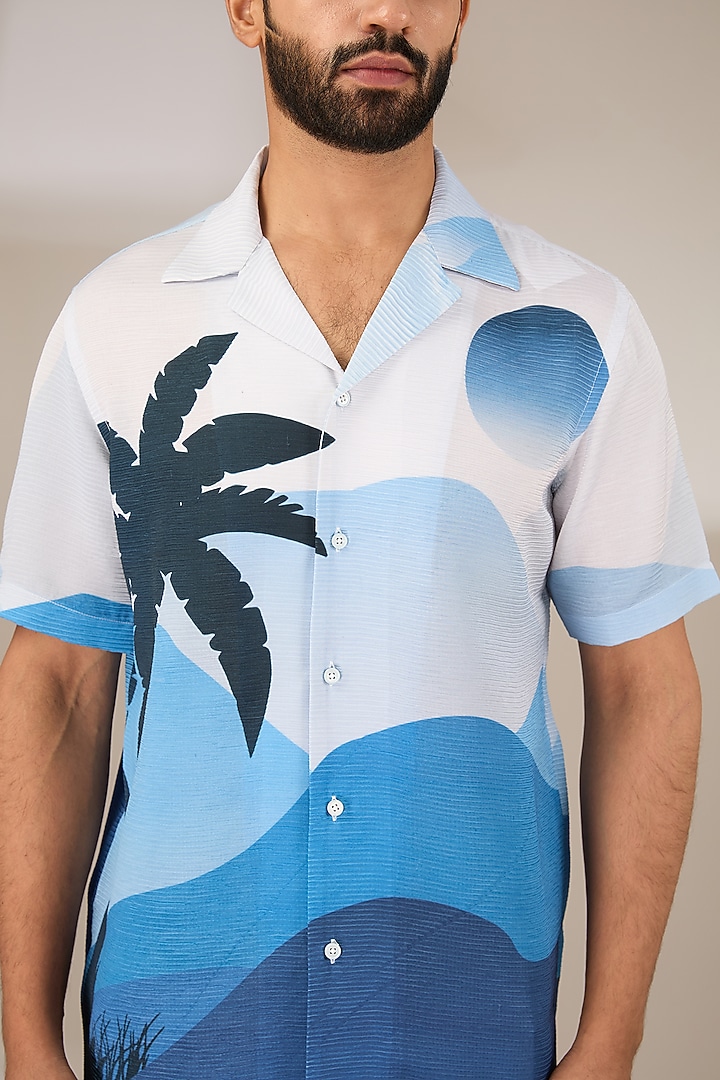 Blue Poly Satin Digital Printed Pleated Party Wear Shirt by SIDHARTH K KAKKAR at Pernia's Pop Up Shop