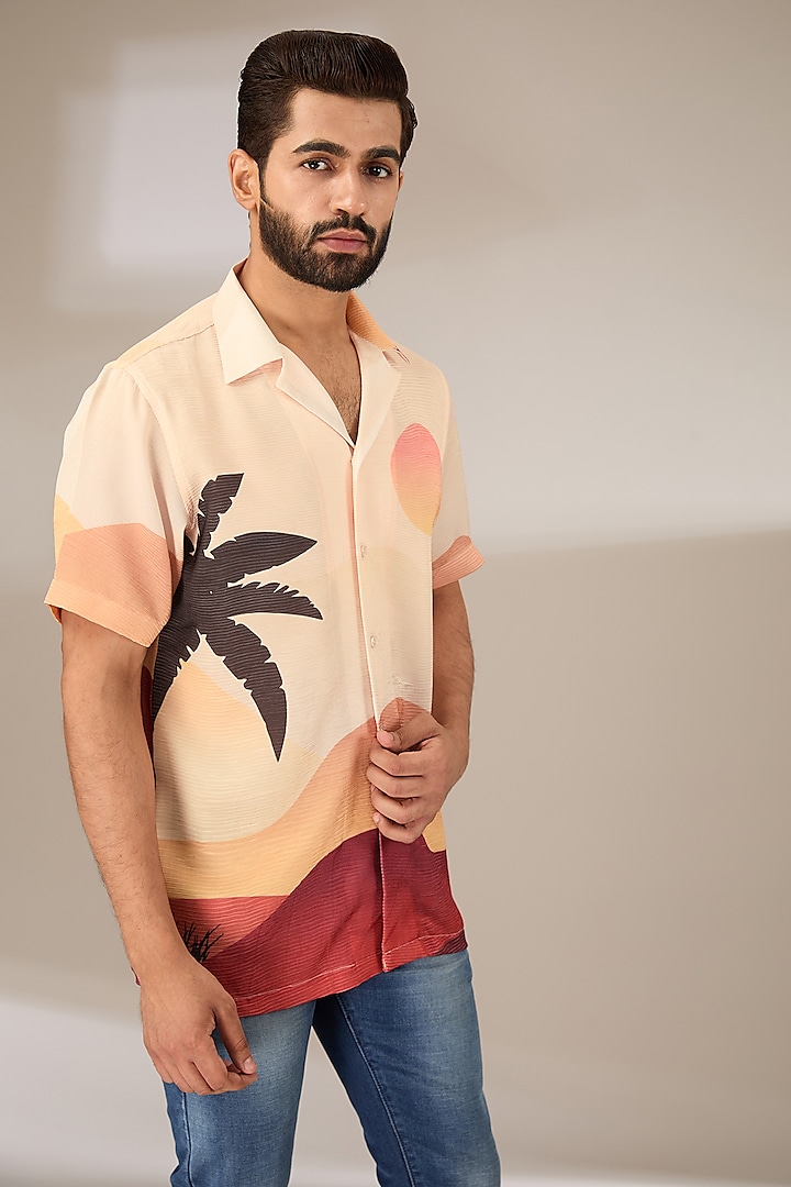 Orange Poly Satin Digital Printed Pleated Shirt by SIDHARTH K KAKKAR