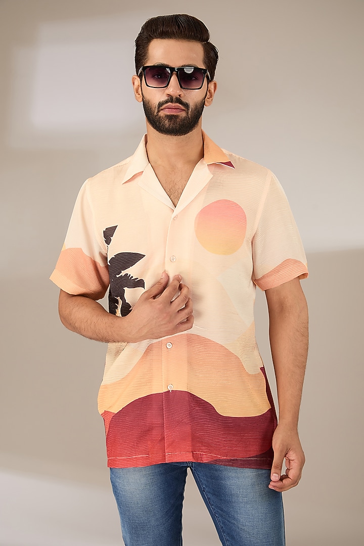Orange Poly Satin Digital Printed Pleated Party Wear Shirt by SIDHARTH K KAKKAR at Pernia's Pop Up Shop