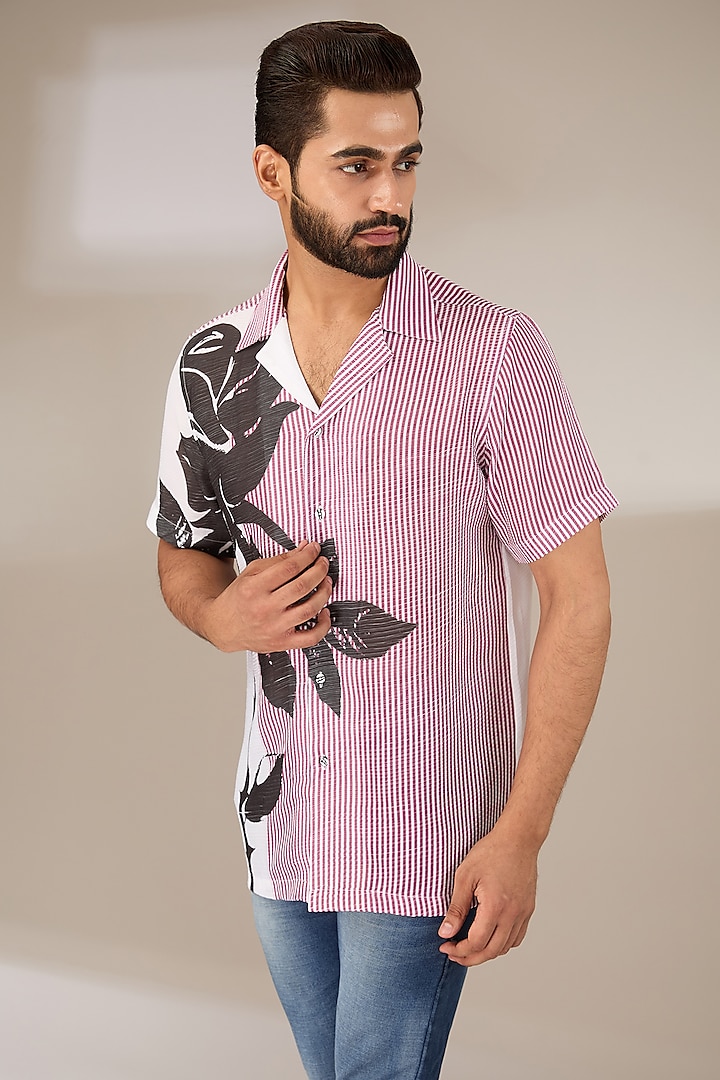 Maroon Poly Satin Digital Printed Pleated Shirt by SIDHARTH K KAKKAR