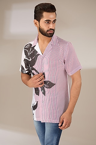Maroon Poly Satin Digital Printed Pleated Shirt by SIDHARTH K KAKKAR