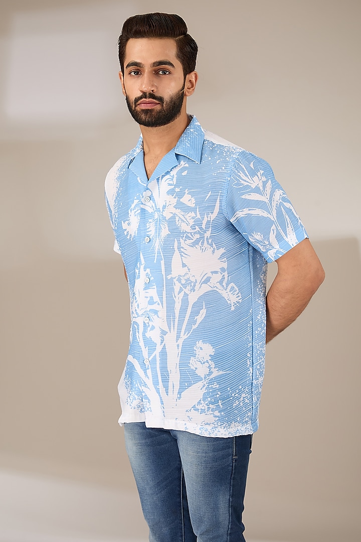 Blue Poly Satin Digital Printed Pleated Shirt by SIDHARTH K KAKKAR