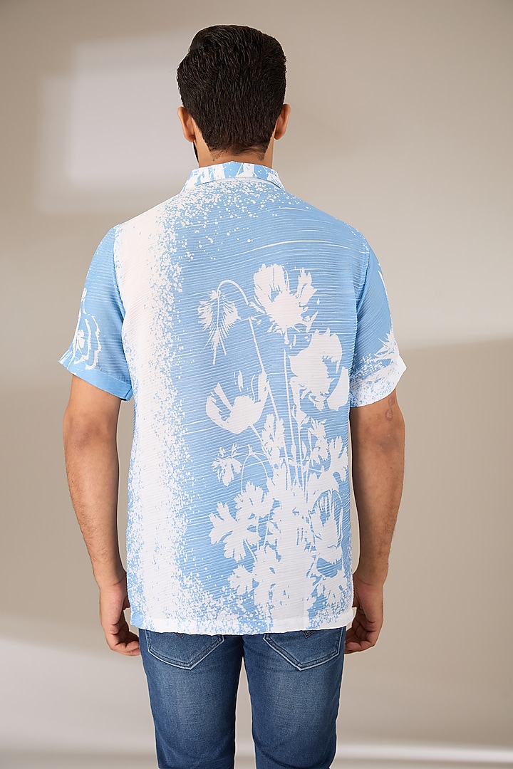 Blue Poly Satin Digital Printed Pleated Party Wear Shirt by SIDHARTH K KAKKAR at Pernia's Pop Up Shop