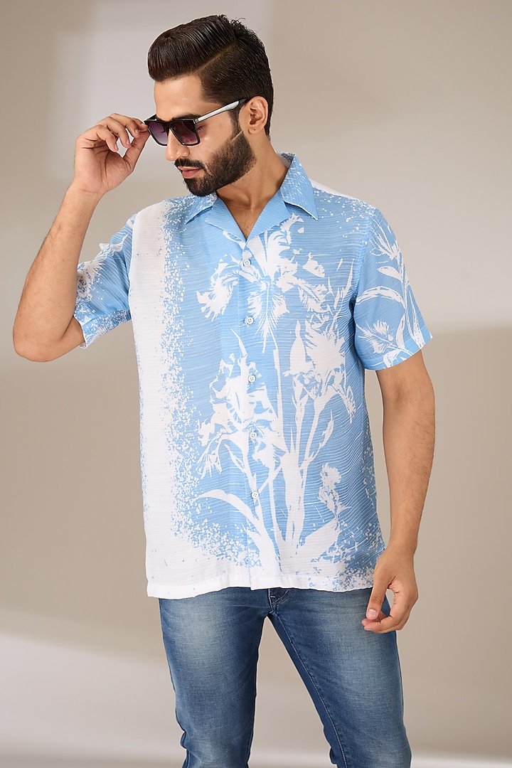 Blue Poly Satin Digital Printed Pleated Party Wear Shirt by SIDHARTH K KAKKAR at Pernia's Pop Up Shop