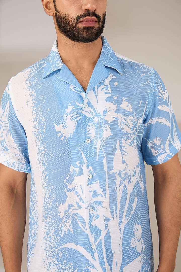 Blue Poly Satin Digital Printed Pleated Party Wear Shirt by SIDHARTH K KAKKAR at Pernia's Pop Up Shop