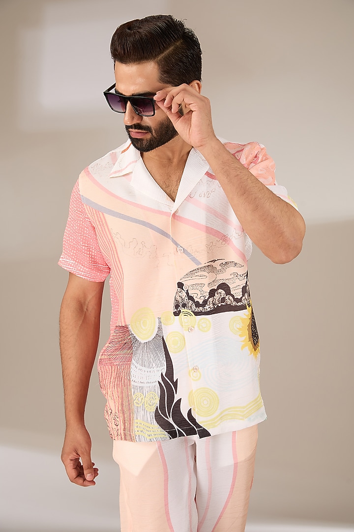 Peach Poly Satin Digital Printed Co-Ord Set by SIDHARTH K KAKKAR at Pernia's Pop Up Shop
