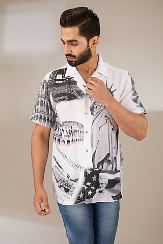 White Poly Satin Digital Printed Pleated Shirt by SIDHARTH K KAKKAR