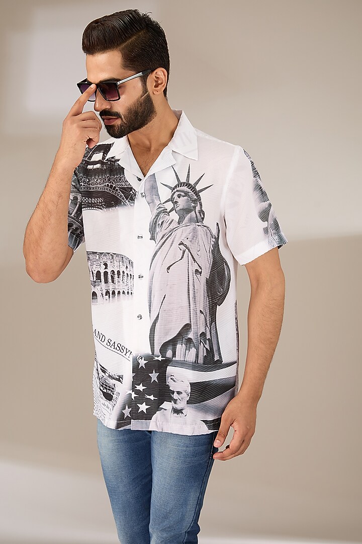 White Poly Satin Digital Printed Pleated Party Wear Shirt by SIDHARTH K KAKKAR at Pernia's Pop Up Shop
