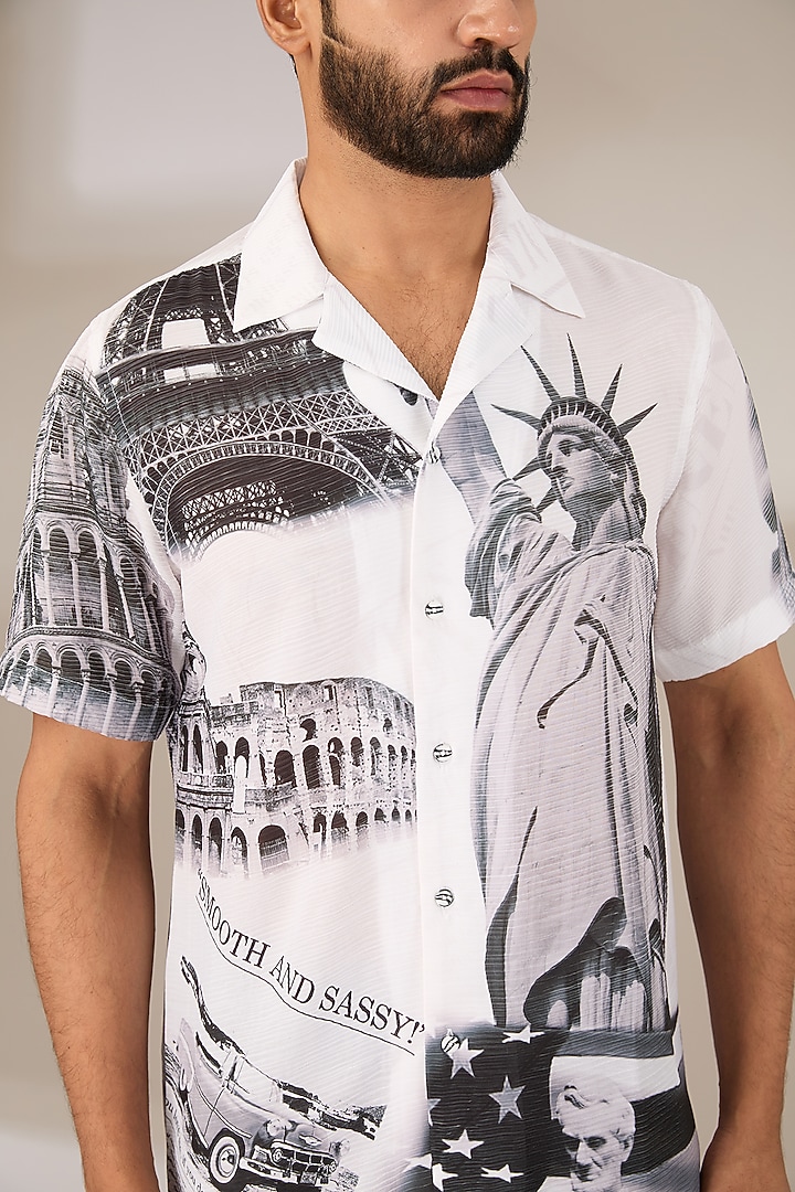 White Poly Satin Digital Printed Pleated Party Wear Shirt by SIDHARTH K KAKKAR at Pernia's Pop Up Shop