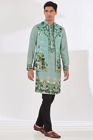 Sap Green Crepe Tropical Printed Indo-Western Set by SIDHARTH K KAKKAR