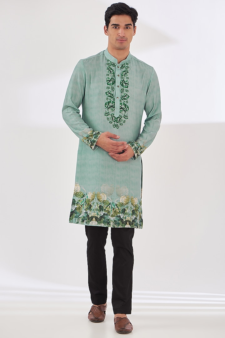 Sap Green Crepe Tropical Printed Indo-Western Set by SIDHARTH K KAKKAR at Pernia's Pop Up Shop