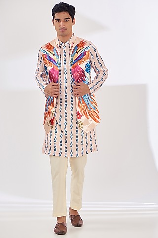 Light Peach Satin Tropical Printed Indo-Western Set by SIDHARTH K KAKKAR