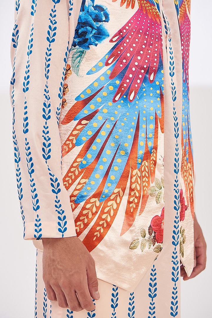 Light Peach Satin Tropical Printed Indo-Western Set by SIDHARTH K KAKKAR at Pernia's Pop Up Shop