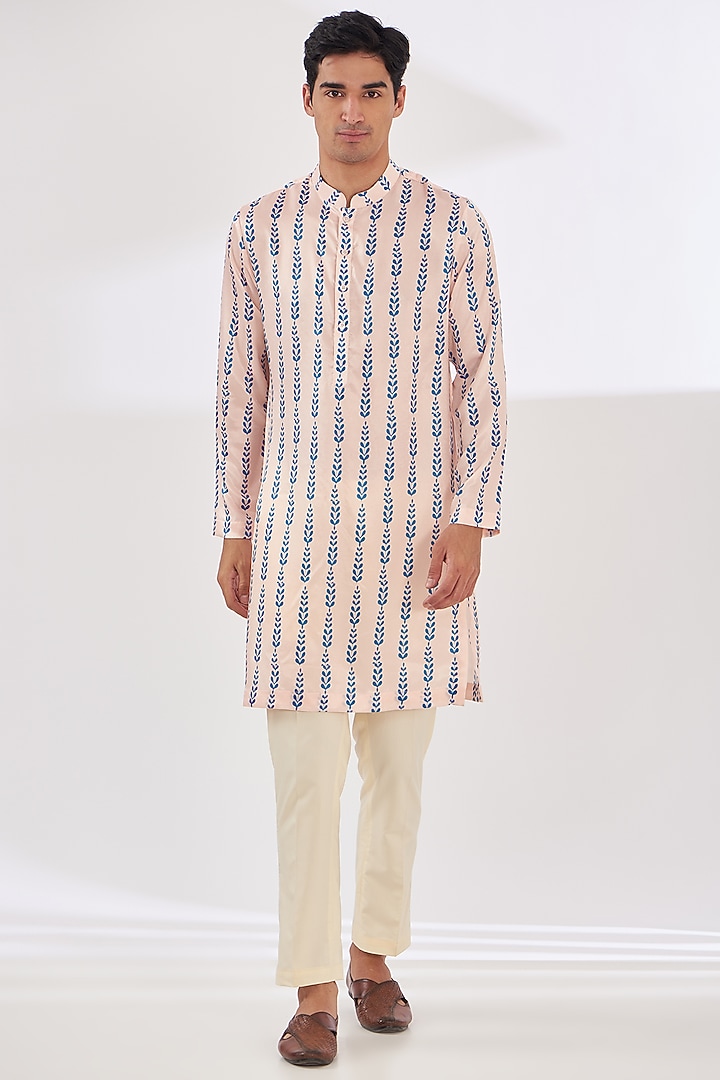 Light Peach Satin Tropical Printed Indo-Western Set by SIDHARTH K KAKKAR at Pernia's Pop Up Shop