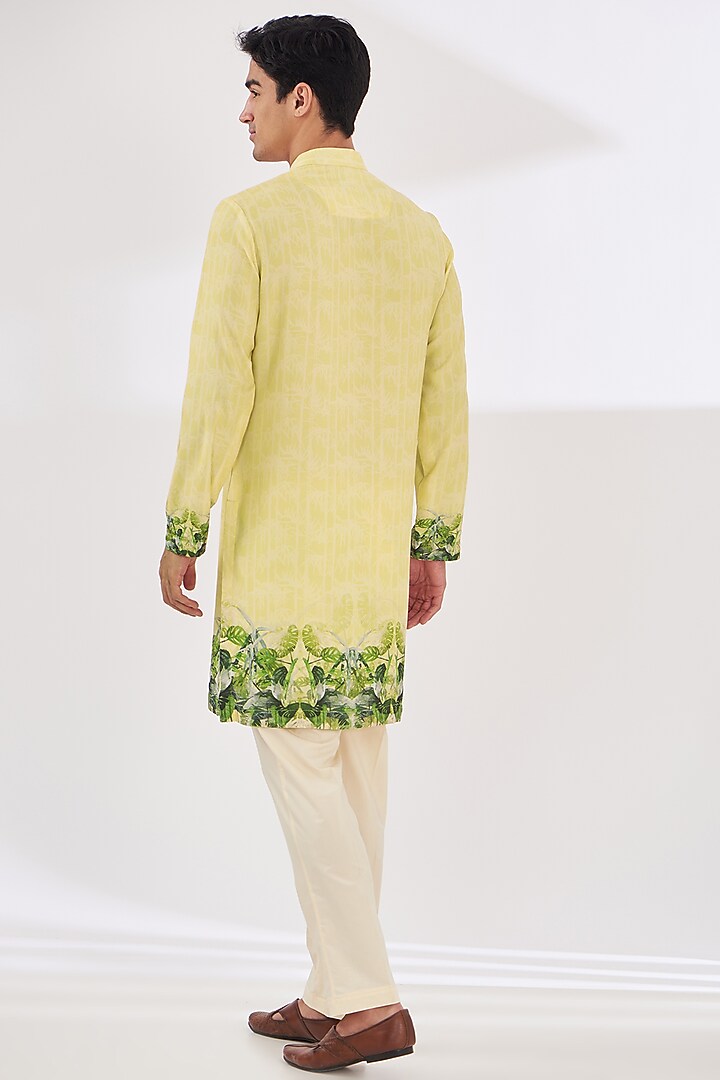 Powder Yellow Crepe Tropical Printed Kurta Set by SIDHARTH K KAKKAR at Pernia's Pop Up Shop