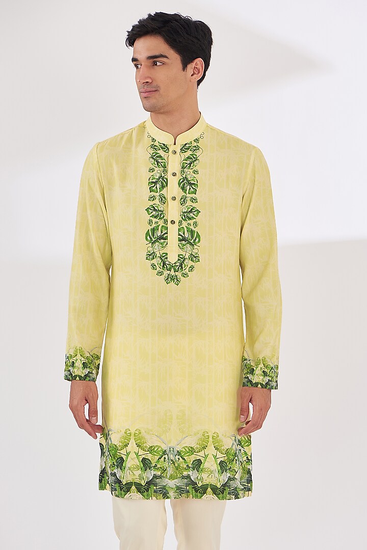 Powder Yellow Crepe Tropical Printed Kurta Set by SIDHARTH K KAKKAR at Pernia's Pop Up Shop